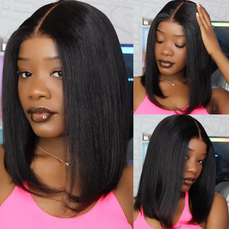 Glueless short Yaki-texture straight bob wig with a drawstring design; pre-cut 7x5 HD lace human hair wig featuring bleached knots, a natural hairline, and beginner-friendly styling.