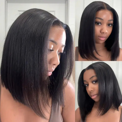 Glueless short Yaki-texture straight bob wig with a drawstring design; pre-cut 7x5 HD lace human hair wig featuring bleached knots, a natural hairline, and beginner-friendly styling.
