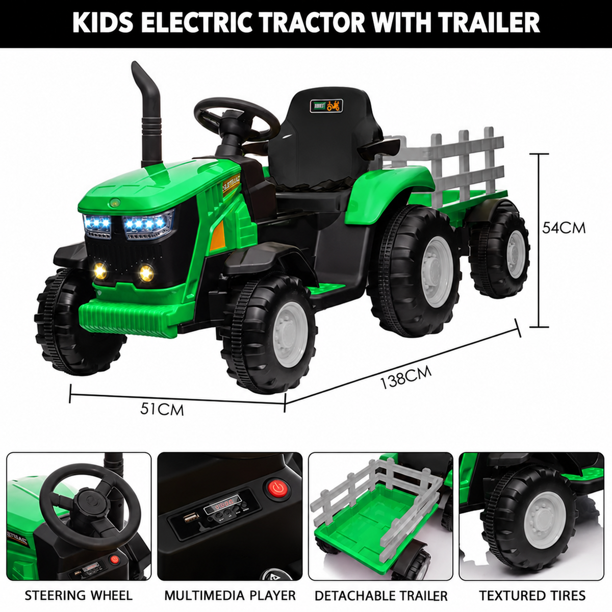 12V Kids Electric Tractor with Trailer – Ride On Farm Tractor Toy with Remote Control & LED Lights
