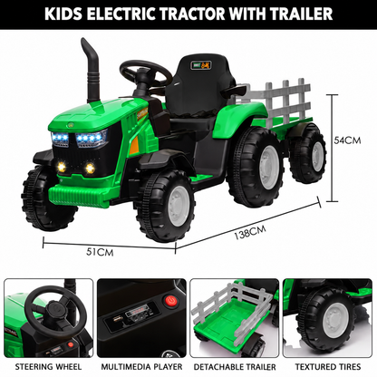 12V Kids Electric Tractor with Trailer – Ride On Farm Tractor Toy with Remote Control & LED Lights