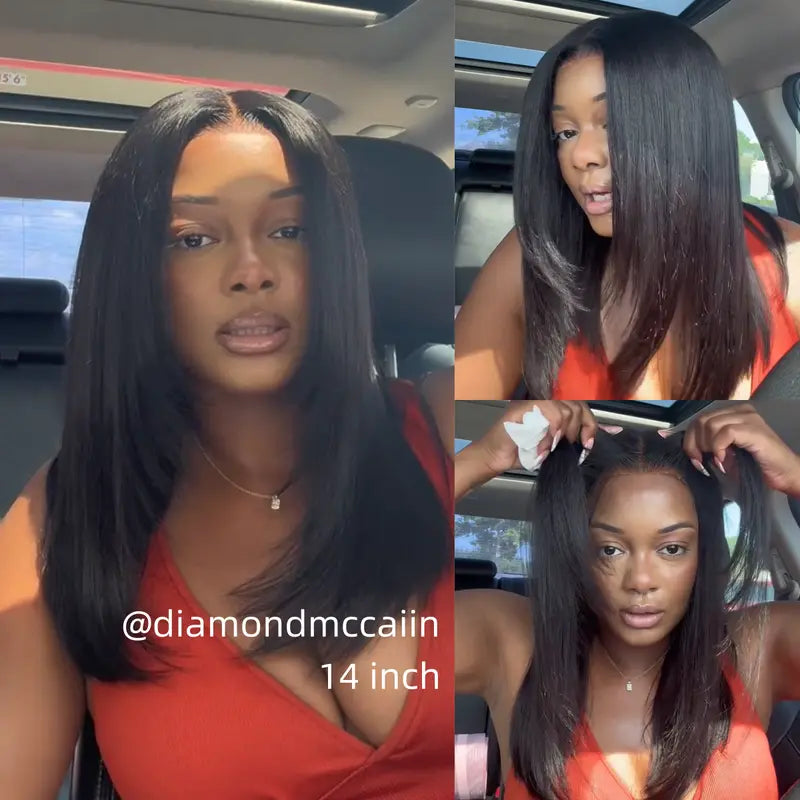 Glueless short Yaki-texture straight bob wig with a drawstring design; pre-cut 7x5 HD lace human hair wig featuring bleached knots, a natural hairline, and beginner-friendly styling.