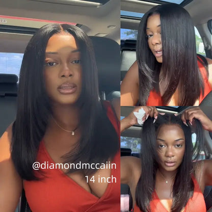 Glueless short Yaki-texture straight bob wig with a drawstring design; pre-cut 7x5 HD lace human hair wig featuring bleached knots, a natural hairline, and beginner-friendly styling.