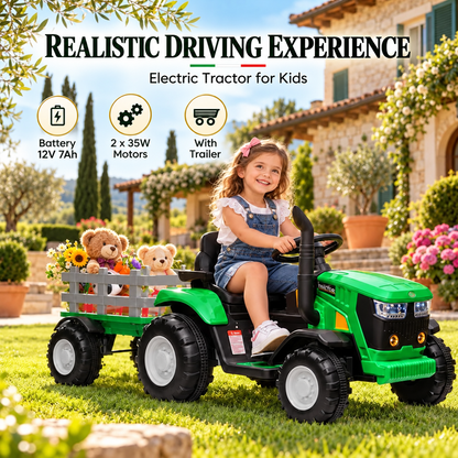 12V Kids Electric Tractor with Trailer – Ride On Farm Tractor Toy with Remote Control & LED Lights