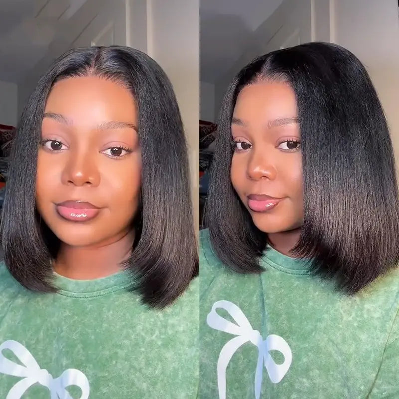 Glueless short Yaki-texture straight bob wig with a drawstring design; pre-cut 7x5 HD lace human hair wig featuring bleached knots, a natural hairline, and beginner-friendly styling.