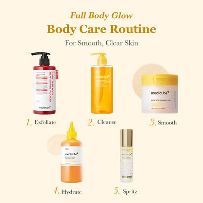 [medicube] Smooth & Clear Body Care Set | Hypochlorous Acid Body Peel Shot, Kojic Acid Turmeric Body Wash, Toner Pad, Toner, Mist | Exfoliating for Dead Skin Cells & Excess Sebum & Clearing for After Spots, Texture & Uneven Skin Tone | K-Beauty