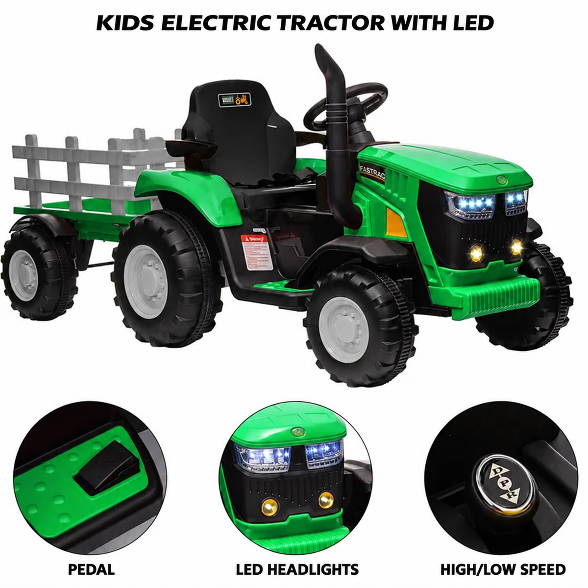 12V Kids Electric Tractor with Trailer – Ride On Farm Tractor Toy with Remote Control & LED Lights