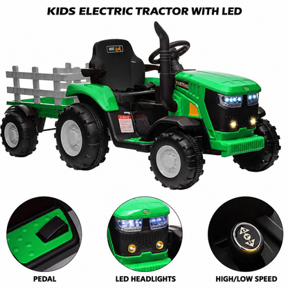12V Kids Electric Tractor with Trailer – Ride On Farm Tractor Toy with Remote Control & LED Lights