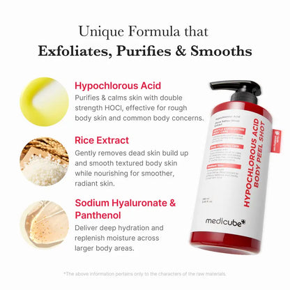 [medicube] Smooth & Clear Body Care Set | Hypochlorous Acid Body Peel Shot, Kojic Acid Turmeric Body Wash, Toner Pad, Toner, Mist | Exfoliating for Dead Skin Cells & Excess Sebum & Clearing for After Spots, Texture & Uneven Skin Tone | K-Beauty