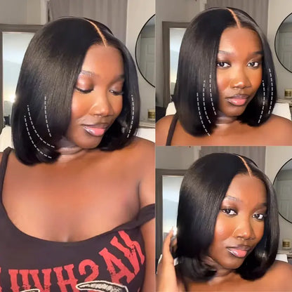 Glueless short Yaki-texture straight bob wig with a drawstring design; pre-cut 7x5 HD lace human hair wig featuring bleached knots, a natural hairline, and beginner-friendly styling.
