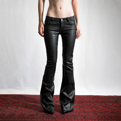 Women's Black Coated Flare Jeans – High-Shine Slim Fit Denim Pants