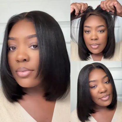 Glueless short Yaki-texture straight bob wig with a drawstring design; pre-cut 7x5 HD lace human hair wig featuring bleached knots, a natural hairline, and beginner-friendly styling.
