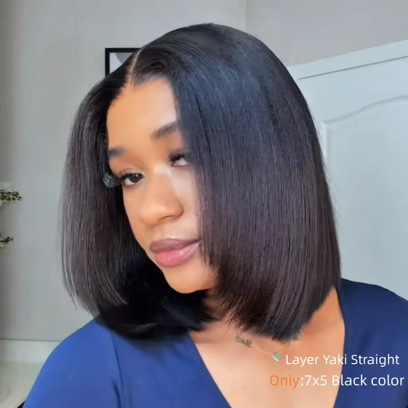Glueless short Yaki-texture straight bob wig with a drawstring design; pre-cut 7x5 HD lace human hair wig featuring bleached knots, a natural hairline, and beginner-friendly styling.