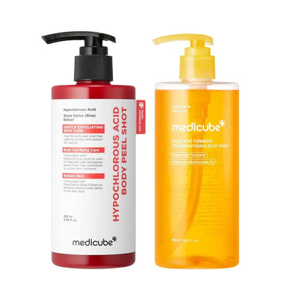 [medicube] Smooth & Clear Body Care Set | Hypochlorous Acid Body Peel Shot, Kojic Acid Turmeric Body Wash, Toner Pad, Toner, Mist | Exfoliating for Dead Skin Cells & Excess Sebum & Clearing for After Spots, Texture & Uneven Skin Tone | K-Beauty