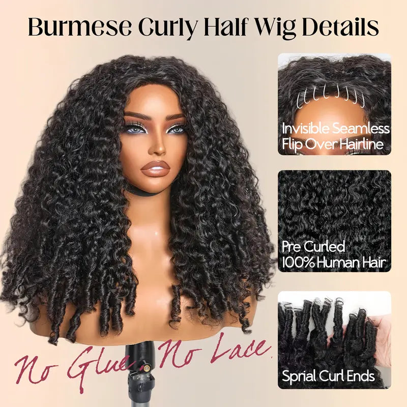Burmese Curly Human Hair Half Wig – Glueless Drawstring, Seamless Flip-Over & Beginner-Friendly