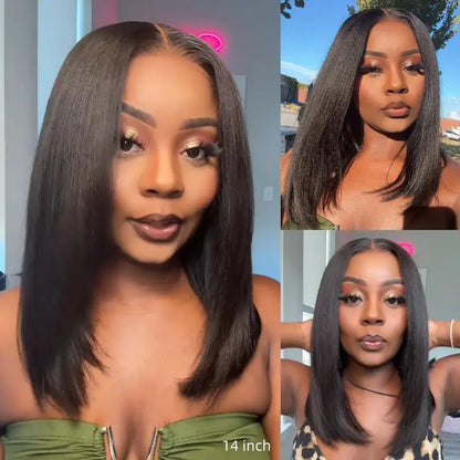 Glueless short Yaki-texture straight bob wig with a drawstring design; pre-cut 7x5 HD lace human hair wig featuring bleached knots, a natural hairline, and beginner-friendly styling.