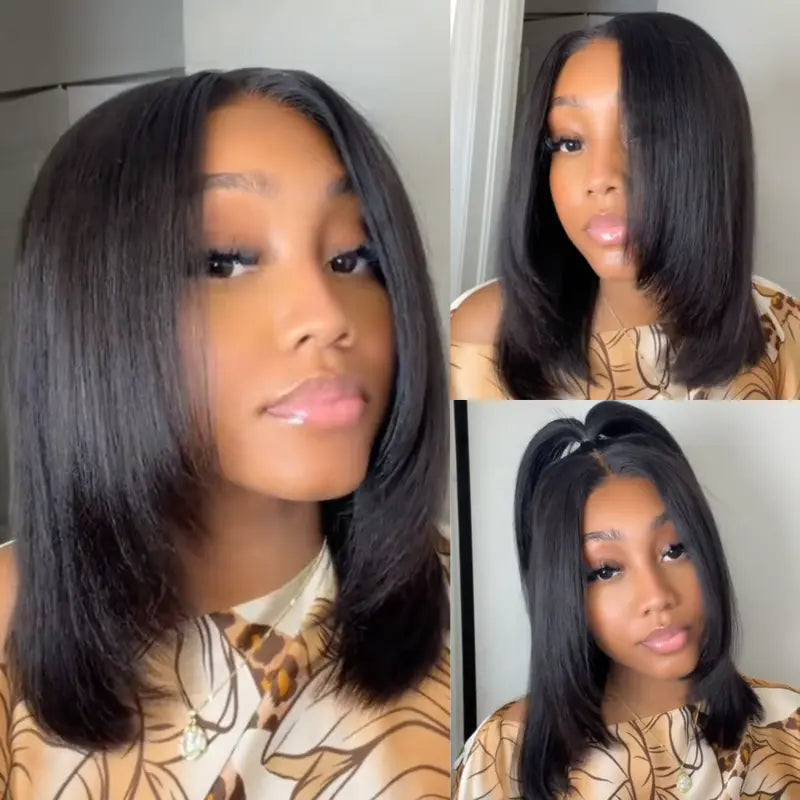 Glueless short Yaki-texture straight bob wig with a drawstring design; pre-cut 7x5 HD lace human hair wig featuring bleached knots, a natural hairline, and beginner-friendly styling.