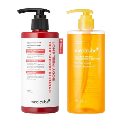 [medicube] Smooth & Clear Body Care Set | Hypochlorous Acid Body Peel Shot, Kojic Acid Turmeric Body Wash, Toner Pad, Toner, Mist | Exfoliating for Dead Skin Cells & Excess Sebum & Clearing for After Spots, Texture & Uneven Skin Tone | K-Beauty