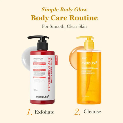 [medicube] Smooth & Clear Body Care Set | Hypochlorous Acid Body Peel Shot, Kojic Acid Turmeric Body Wash, Toner Pad, Toner, Mist | Exfoliating for Dead Skin Cells & Excess Sebum & Clearing for After Spots, Texture & Uneven Skin Tone | K-Beauty