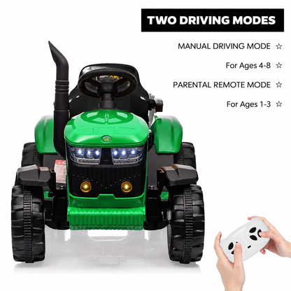 12V Kids Electric Tractor with Trailer – Ride On Farm Tractor Toy with Remote Control & LED Lights